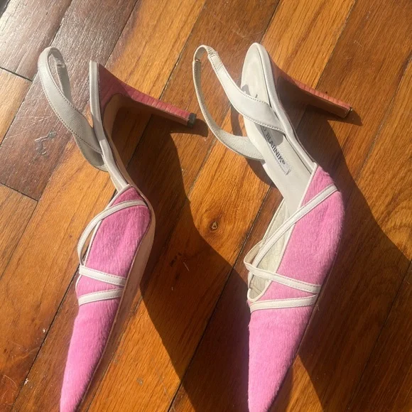Manolo Blahnik Pink Pony Hair Slingback Heels Size 37 Kitten Heel - Picture 10 of 16